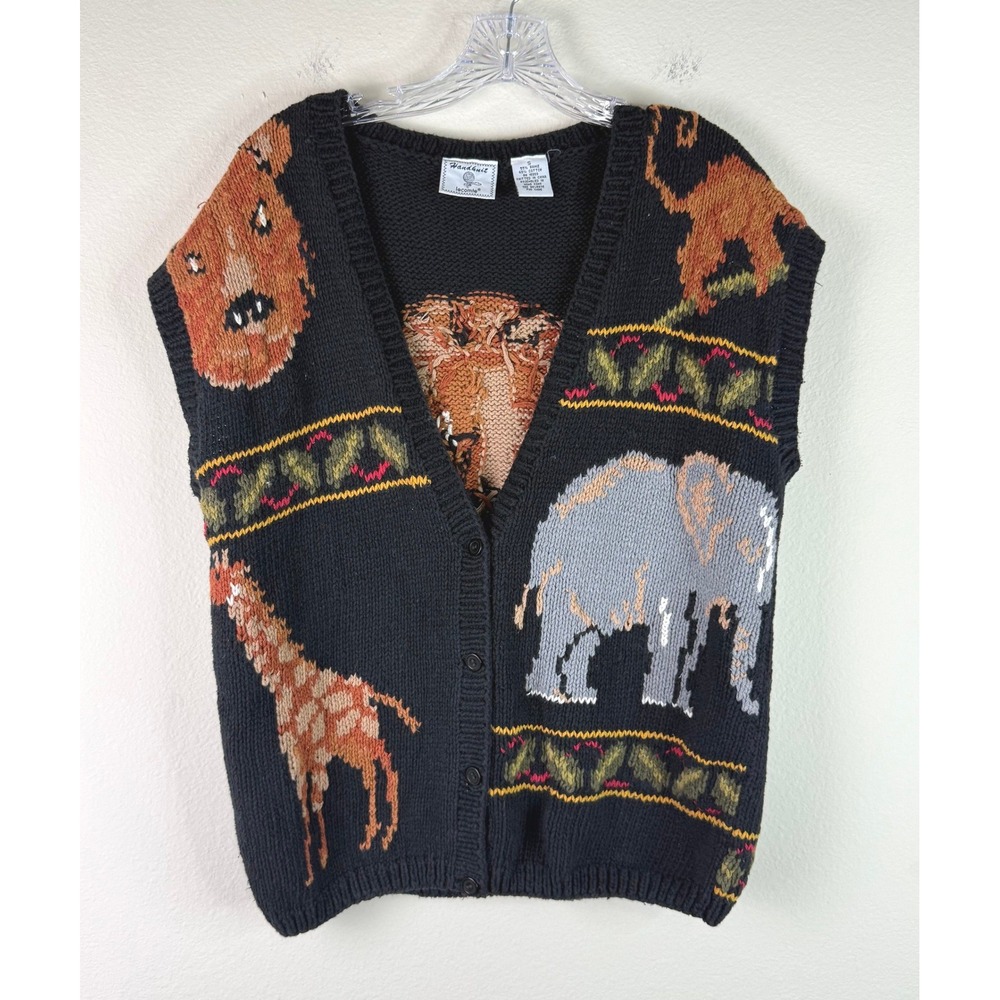 Vintage Lecomte Sweater Vest Womens Small Safari Animal Handknit Ramie Cotton